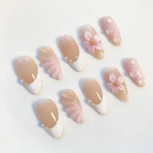 White French Press On Nails Pink 3D Flower Fake Nails 4