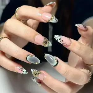 Wild Cat 3D Charm Press On Nails Pink Black Gold Fake Nails 3