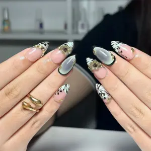 Wild Cat 3D Charm Press On Nails Pink Black Gold Fake Nails 5