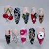 Y2K Baddie Press On Nails - Cherry Lips Poker Fake Nails | ST32 3 Y2K baddie press on nails set with 3D cherry, martini glass, rhinestone star, red lips, poker ace of hearts, leopard star, and billiard ball details