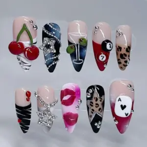 Y2K baddie press on nails set with 3D cherry, martini glass, rhinestone star, red lips, poker ace of hearts, leopard star, and billiard ball details