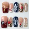 Y2K Cherry Leopard Press On Nails | NY Bold Fake Nails | ST27 9 Y2K press on nails set with cherry, leopard print, NY logo, gold chain charm, and I love me lettering