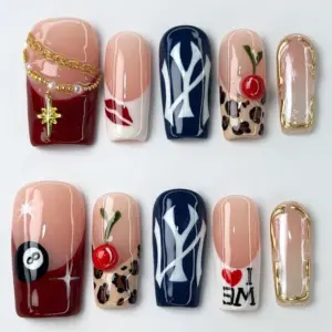 Y2K press on nails set with cherry, leopard print, NY logo, gold chain charm, and I love me lettering