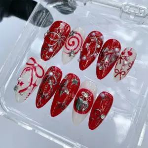 Y2K Red Bow Press On Nails Grunge Christmas Fake Nails 1