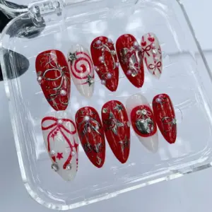 Y2K Red Bow Press On Nails Grunge Christmas Fake Nails 2