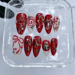 Y2K Red Bow Press On Nails Grunge Christmas Fake Nails 3