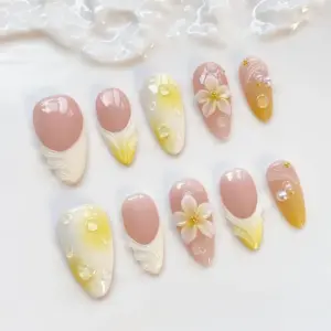 Yellow Press On Nails 3D Plumeria Pearl Bubble 1