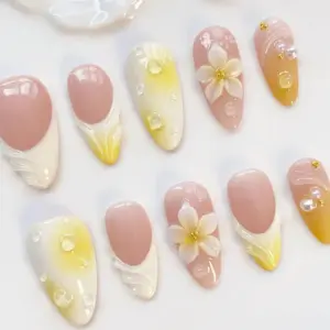 Yellow Press On Nails 3D Plumeria Pearl Bubble 2
