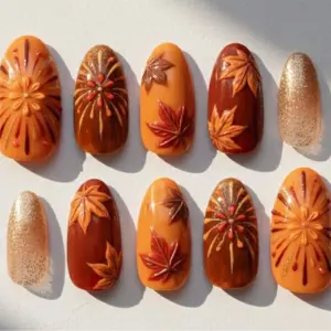 Autumn Maple Leaf Press On Nails | Fall Floral Firework Fake Nails | SE02