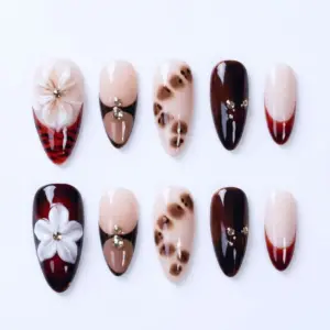 Dark Floral Leopard Press On Nails | Burgundy Nude 3D Flower Fake Nails | SE18