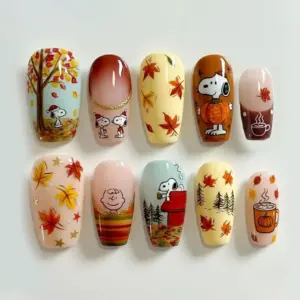 Cartoon Dog Fall Press On Nails | Cute Maple Leaf Pumpkin Fake Nails | SE07