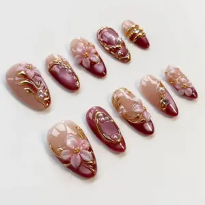 cherry blossom press on nails 3d floral gold spri