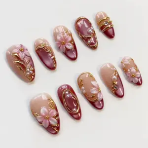 cherry blossom press on nails 3d floral gold spri 4