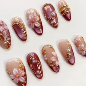 cherry blossom press on nails 3d floral gold spri 6