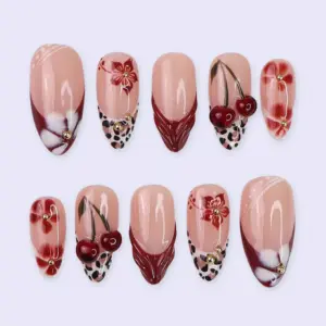 Cherry Leopard Press On Nails | 3D Fruit Floral Red Fake Nails | SE05