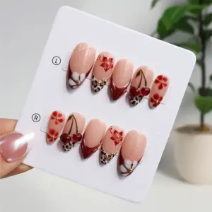 cherry leopard 3d press on nails 5