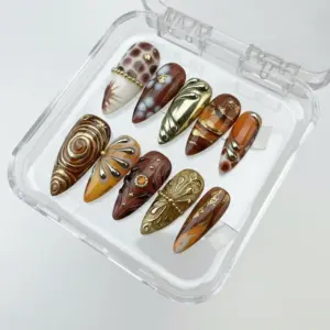 chrome gold brown 3d metal press on nails 1