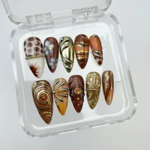 chrome gold brown 3d metal press on nails 3