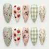 Cottagecore press on nails with strawberries, ladybugs, honeybees, daisies, cherry blossoms, gingham and wildflowers in sage green and pink for spring
