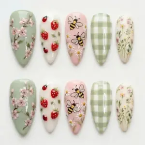 Cottagecore press on nails with strawberries, ladybugs, honeybees, daisies, cherry blossoms, gingham and wildflowers in sage green and pink for spring