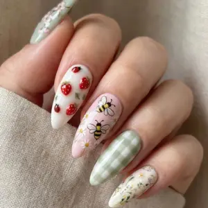 cottagecore bee strawberry press on nails floral spring 2