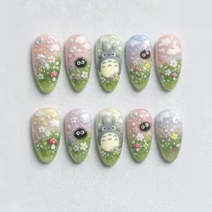 Cottagecore 3D press on nails with pastel meadow, wildflowers, mushrooms, cloud charms and forest creature characters for spring