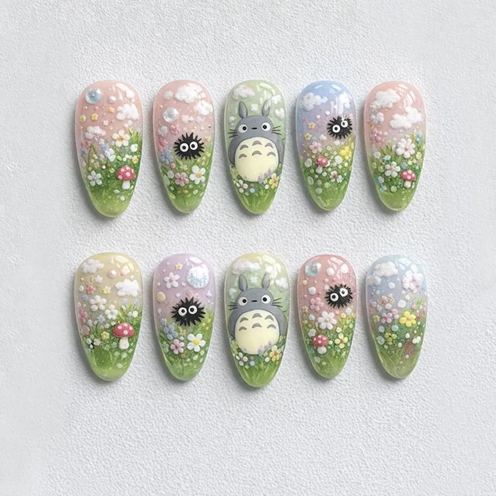 Cottagecore 3D press on nails with pastel meadow, wildflowers, mushrooms, cloud charms and forest creature characters for spring