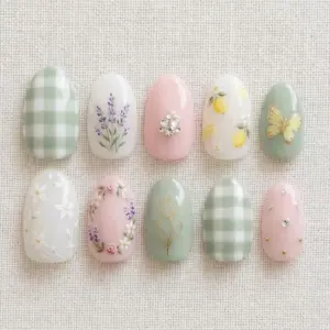 Cottagecore press on nails with lavender sprig, green gingham, lemon print, rose wreath, gold tulip and butterfly charm for spring