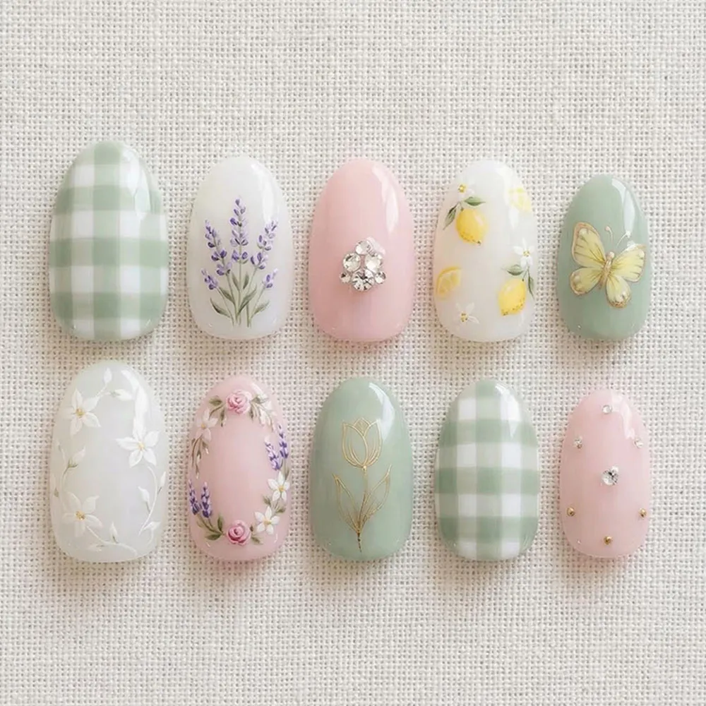 Cottagecore press on nails with lavender sprig, green gingham, lemon print, rose wreath, gold tulip and butterfly charm for spring