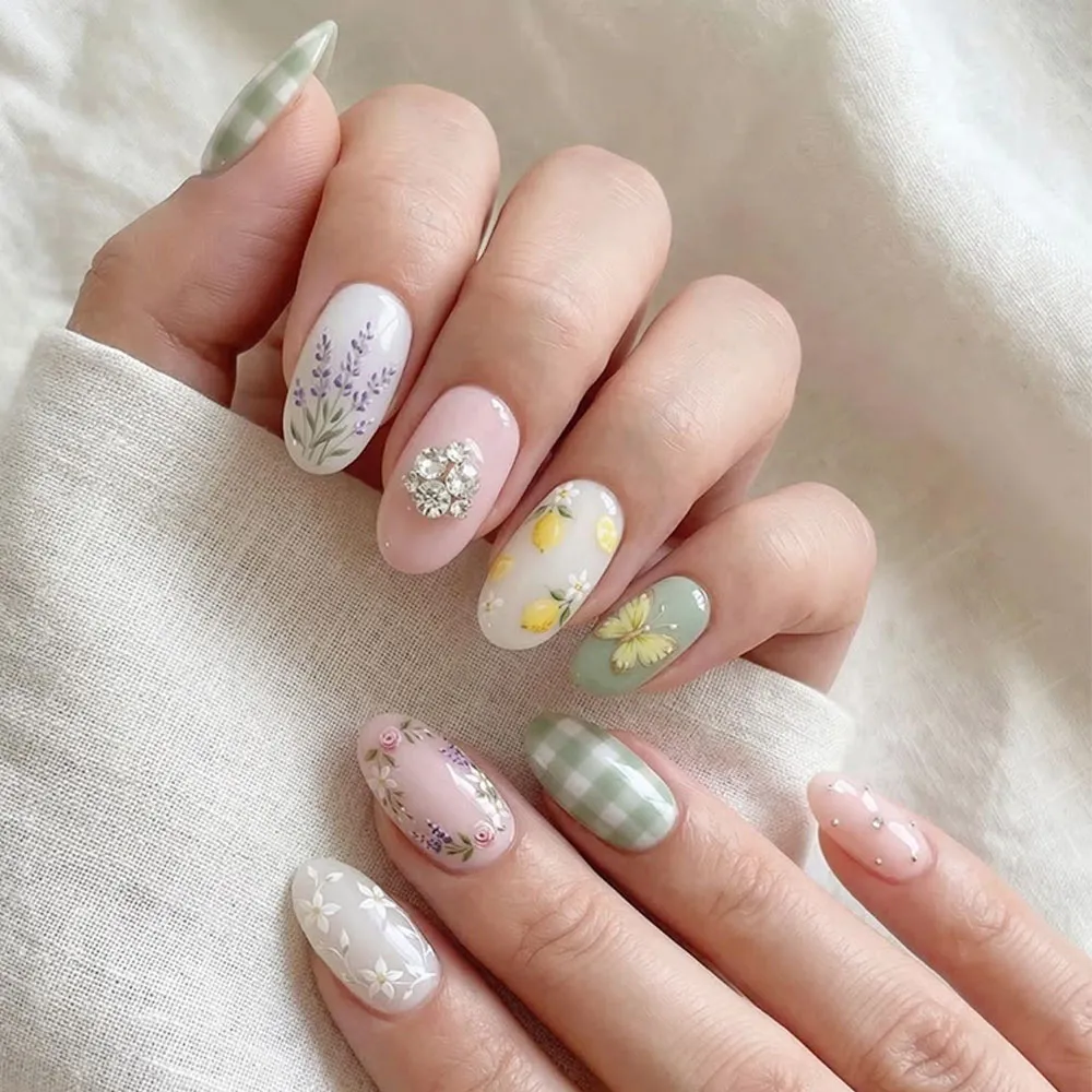 Cottagecore Lavender Press On Nails | Floral Gingham Spring Fake Nails | SE22 - Image 2