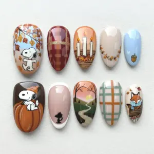 Cute Cartoon Fall Press On Nails | Autumn Plaid Fox Scenery Fake Nails | SE06