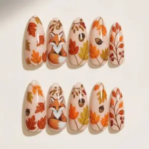 Fox Autumn Press On Nails | Nude Maple Leaf Acorn Berry Fake Nails | SE17