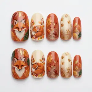 Fox Fall Press On Nails | Autumn Maple Leaf Glitter Paw Fake Nails | SE09