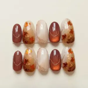 Maple Leaf Marble Burgundy Press On Nails | Fall Fake Nails | SE12