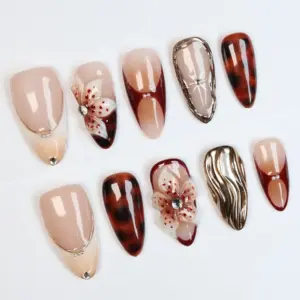 Tortoiseshell Floral Press On Nails | Nude 3D Flower Chrome Fake Nails | SE16