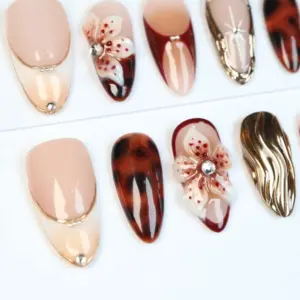 tortoiseshell floral nude chrome press on nails 2