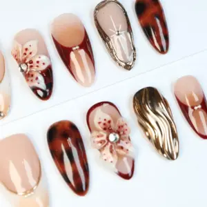 tortoiseshell floral nude chrome press on nails 3