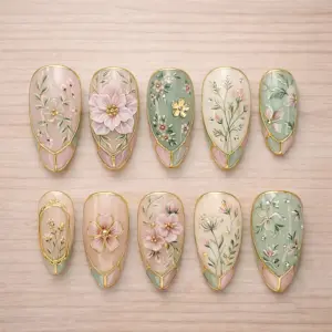vintage floral press on nails 3d gold botani 1 2