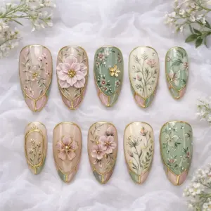 Vintage floral press on nails with 3D pink flowers, gold geometric frames, botanical hand-painted details and rhinestones in sage green and dusty rose for spring