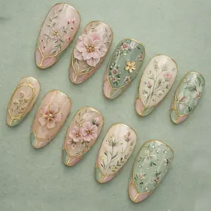 vintage floral press on nails 3d gold botani 3