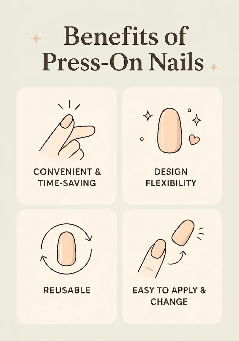 Main benefits of press-on nails including convenience, design variety, reuse and easy application
