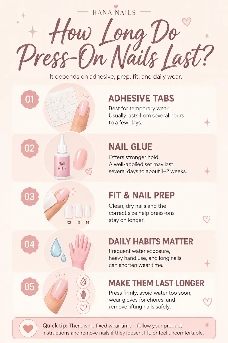 How long press-on nails last with adhesive tabs and nail glue