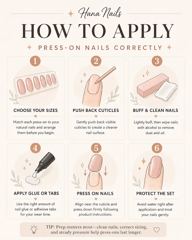 Six-step guide showing how to apply press-on nails correctly