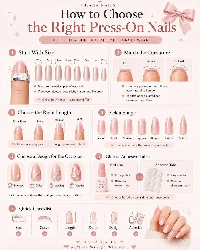 Guide to choosing press-on nails by size, curvature, length, shape, adhesive and lifestyle