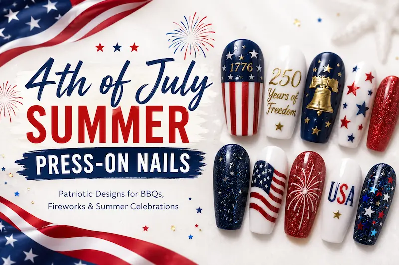 4th of July press-on nails are best for BBQs, fireworks, long weekend trips, and patriotic summer outfits.