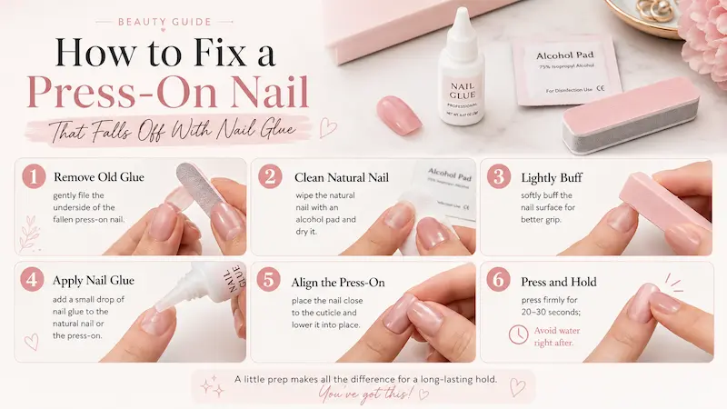 Use nail glue when you want the repair to last longer than a few hours. The most important rule is simple: do not apply fresh glue over oil, water, or thick old glue.