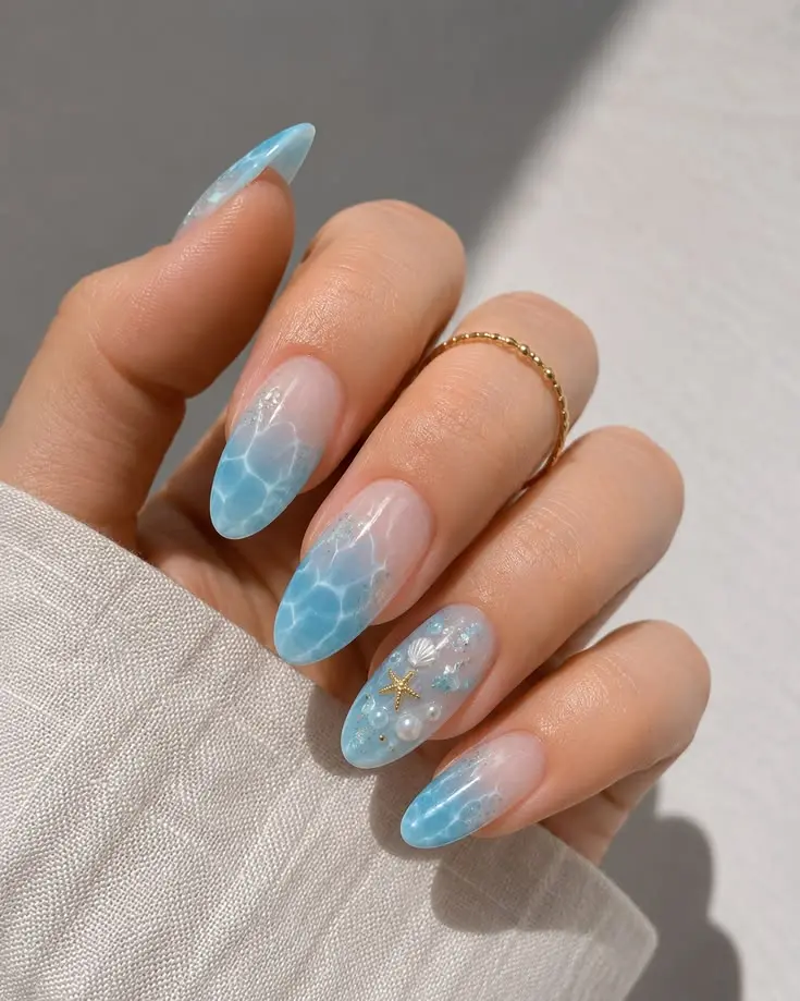 short ocean blue or sea glass nails
