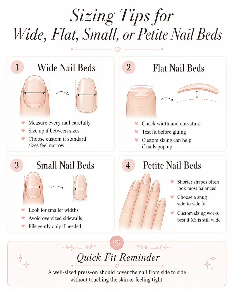 Standard size charts work for many people, but nail beds are not all shaped the same. Width, curve, thumb size, and left-right hand differences can all affect the final fit.